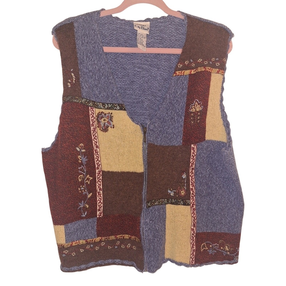 Koret City Blues Vintage Patchwork Floral Embroidered Knit Vest Blue 1X